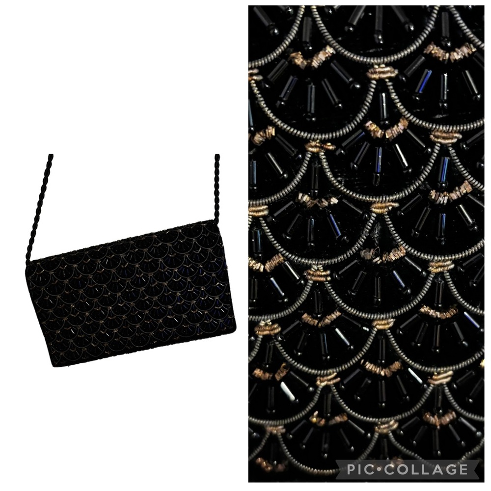 Vintage Black Velvet Gold Embroidery Beaded Shoulder Clutch Scallop Design 8x5